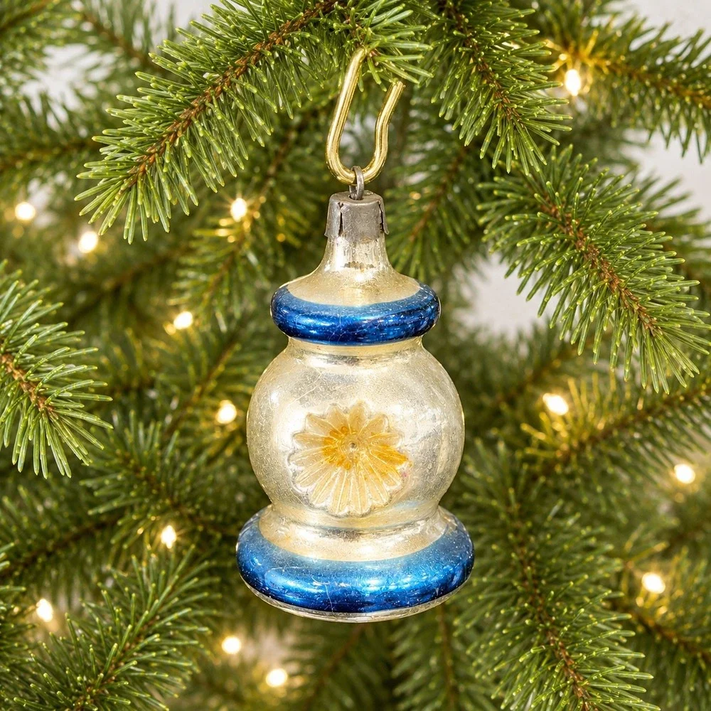 Set of 2 Premier Mercury Glass Double Indent Lantern Christmas Ornaments  1950's